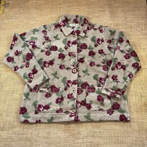 LL Bean Womens Medium Beige Pink Floral Shacket Cardigan Cozy Cottage Grandma